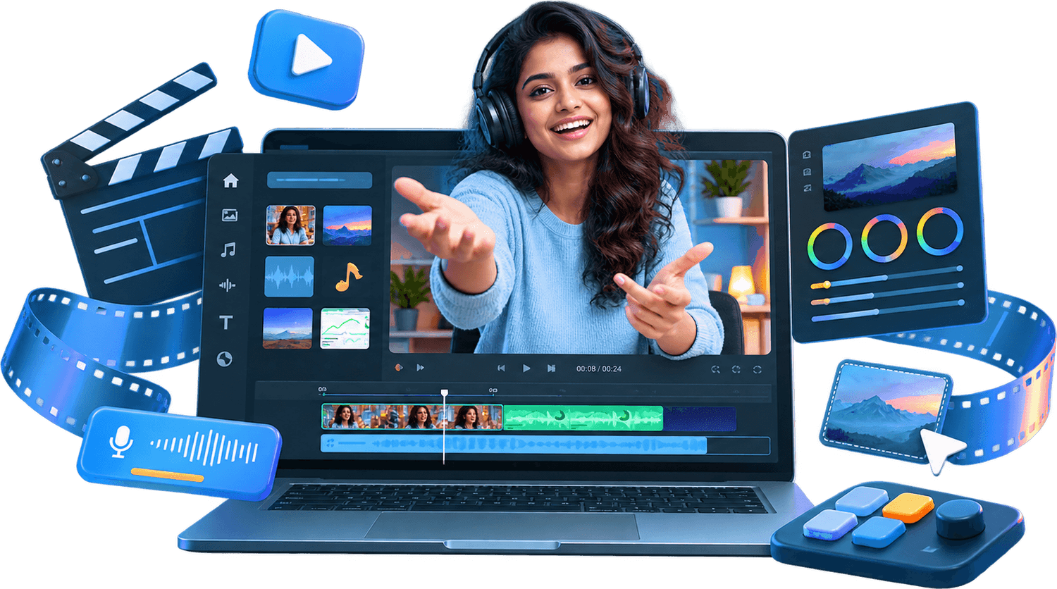A video editor at work — timeline, colour wheels, audio waveform and film footage